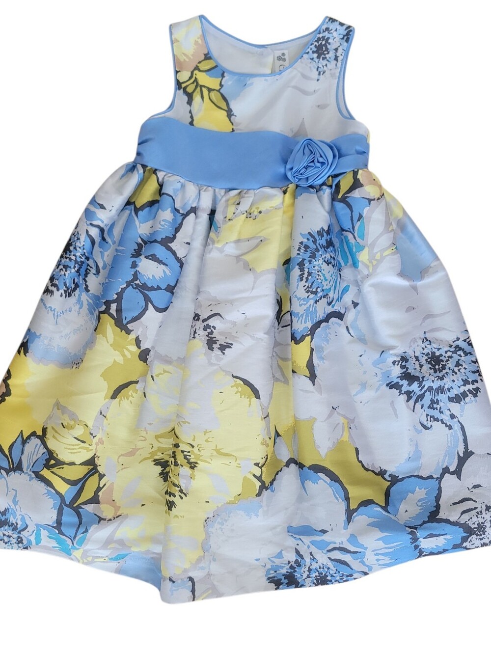 Cherokee Girls Floral Blue Yellow Satin Sleeveless Dress 4T Toddler Party